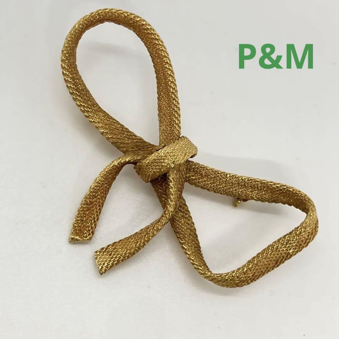 030601 刻印 P&M Parisビンテージ 金鍍金 ブローチ 帯留め にも