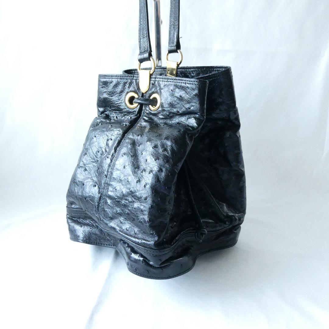 美品 ジーボリー オーストリッチ レザー 巾着 ショルダーバッグ