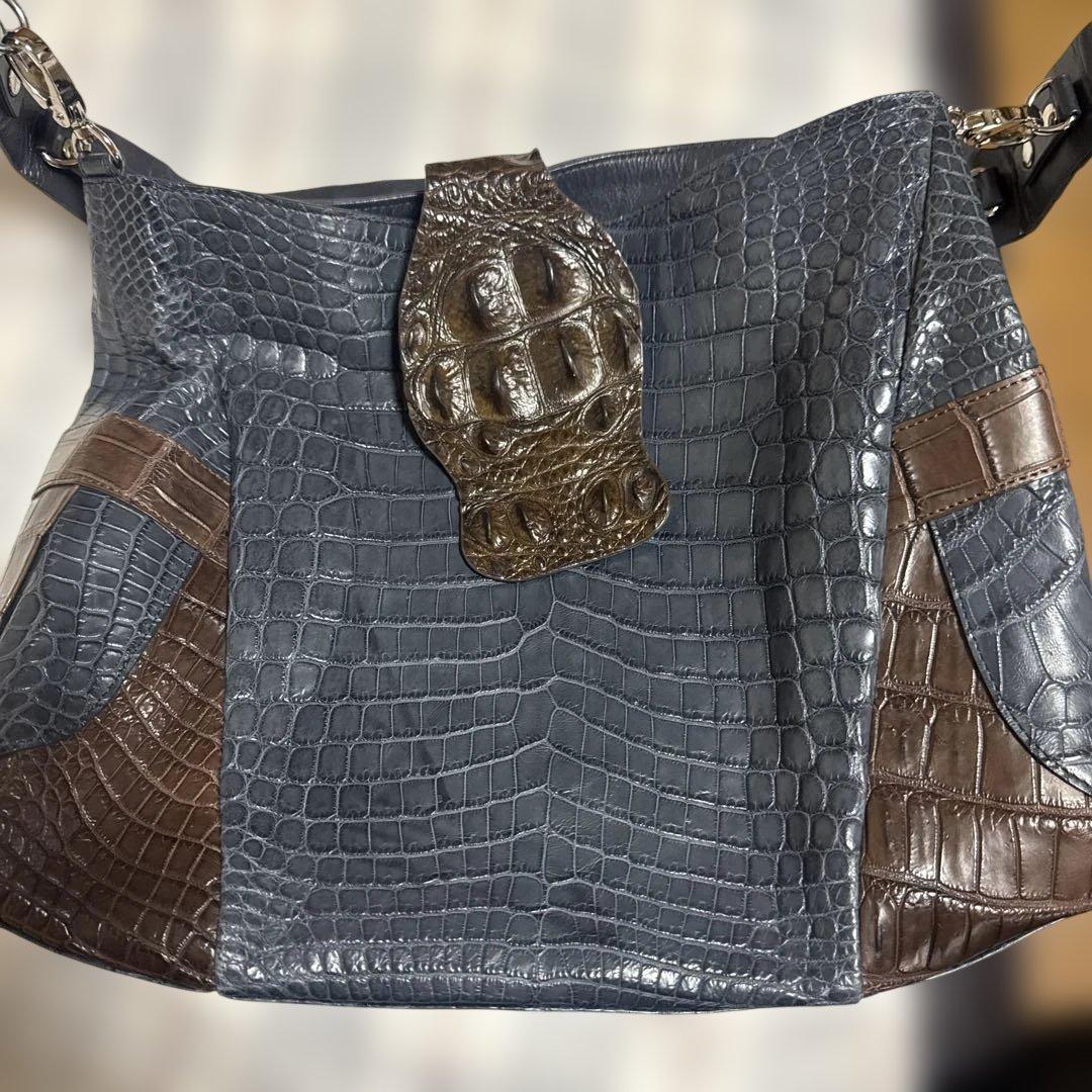 ダークブルー・ブラウン クロコダイルショルダーバッグ　鑑定書付き