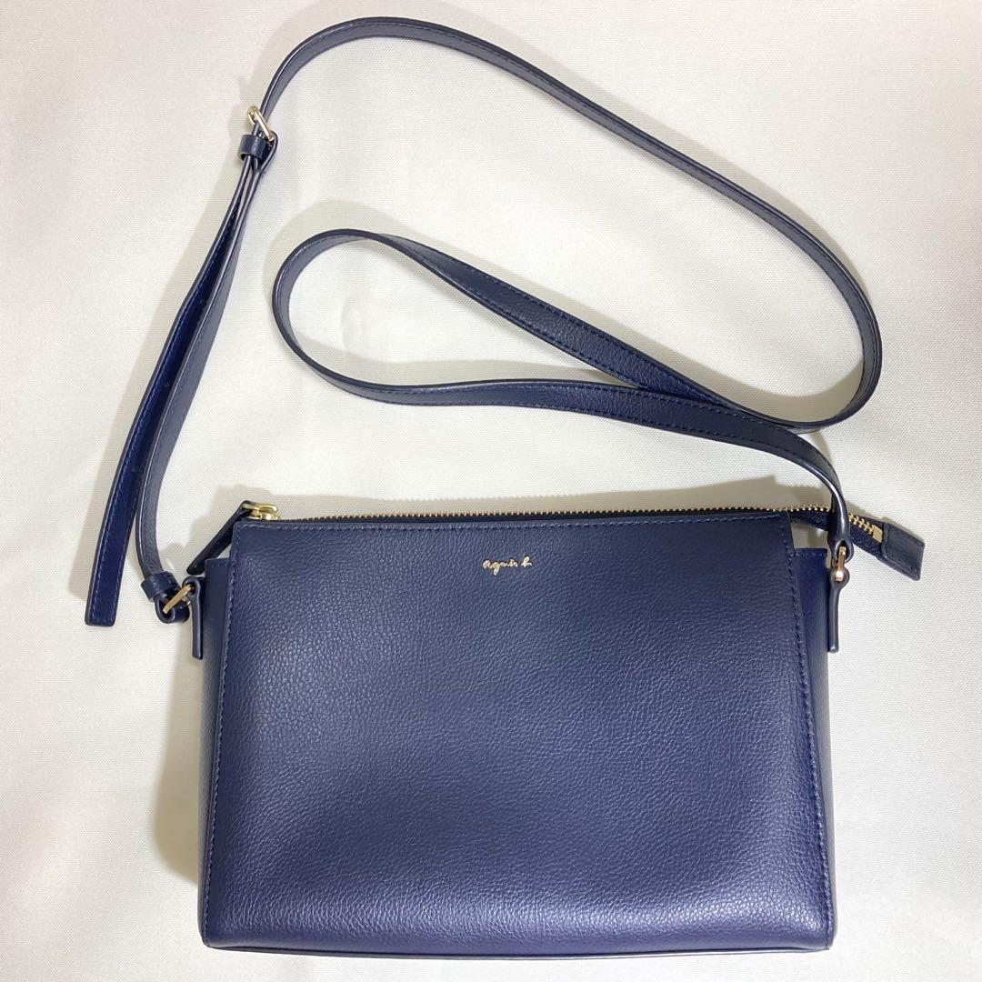 アニエスベー ショルダーバッグ　牛革　レザー　ネイビー　美品
