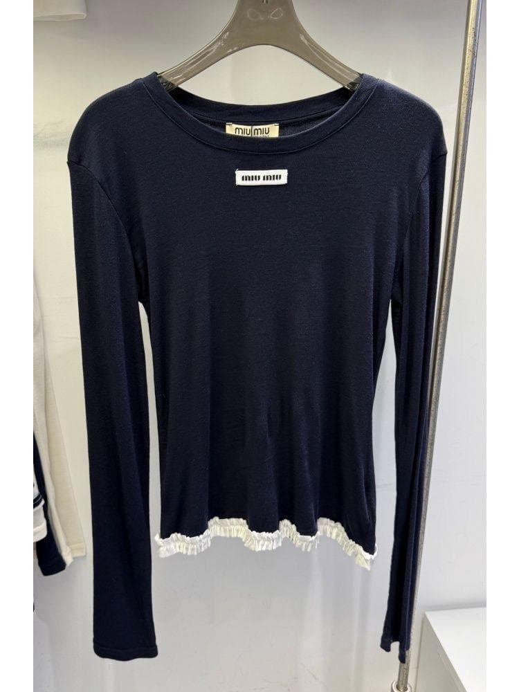 miu miu ネイビー 長袖Tシャツ フリルM