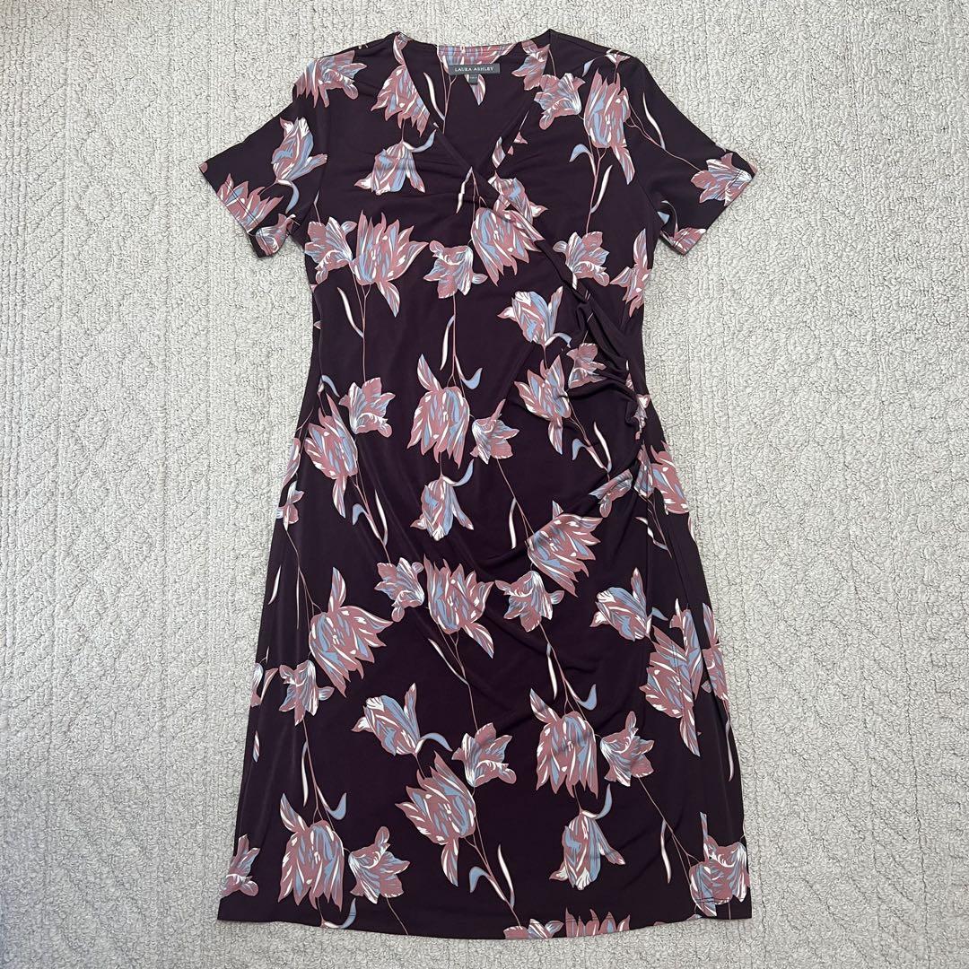 LAURA ASHLEY 花柄 ワンピース 半袖 ひざ丈ワンピース 総柄【XL
