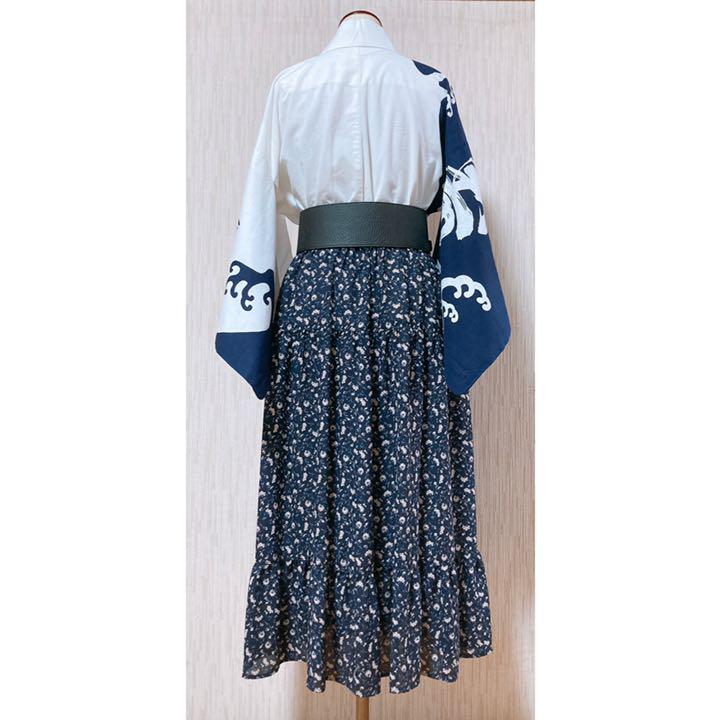 【コンビニ受取対応商品】 展示品 紺×ホワイト ドッキングワンピース ◇着物リメイク◇ ワンピース