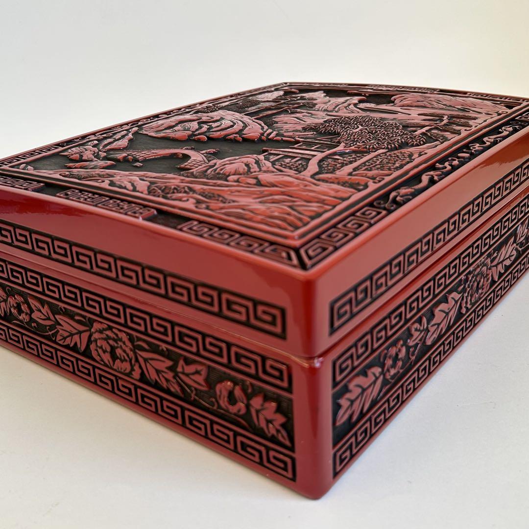 未使用】堆朱 仙台堆朱 硯箱 文箱 文房具 彫刻漆器伝統工芸品 彫
