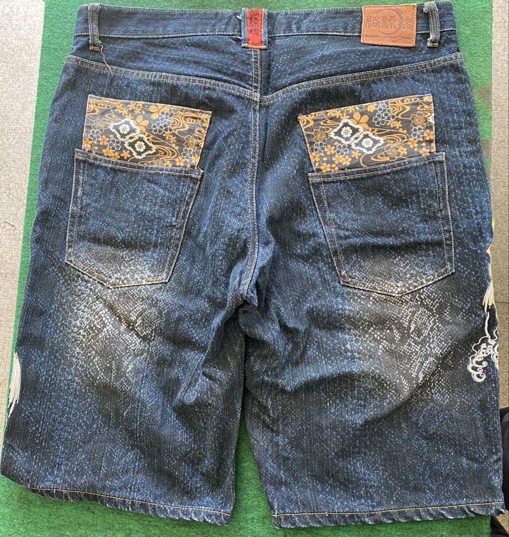 絡繰魂 昇鯉刺繍 希少 ハーフジーンズ サイズ40(ウエスト約102
