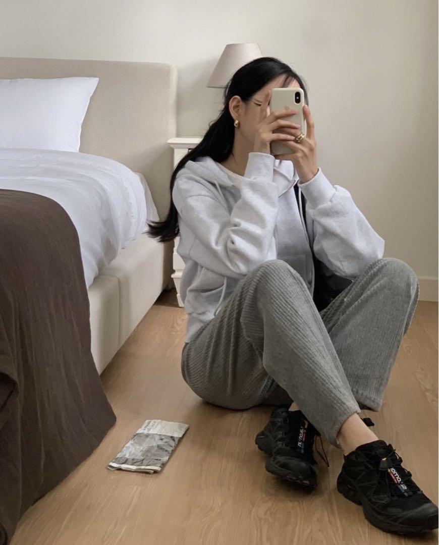 コーデュロイ リブ パンツ ストレート 韓国 レディース グレー ウエストゴム