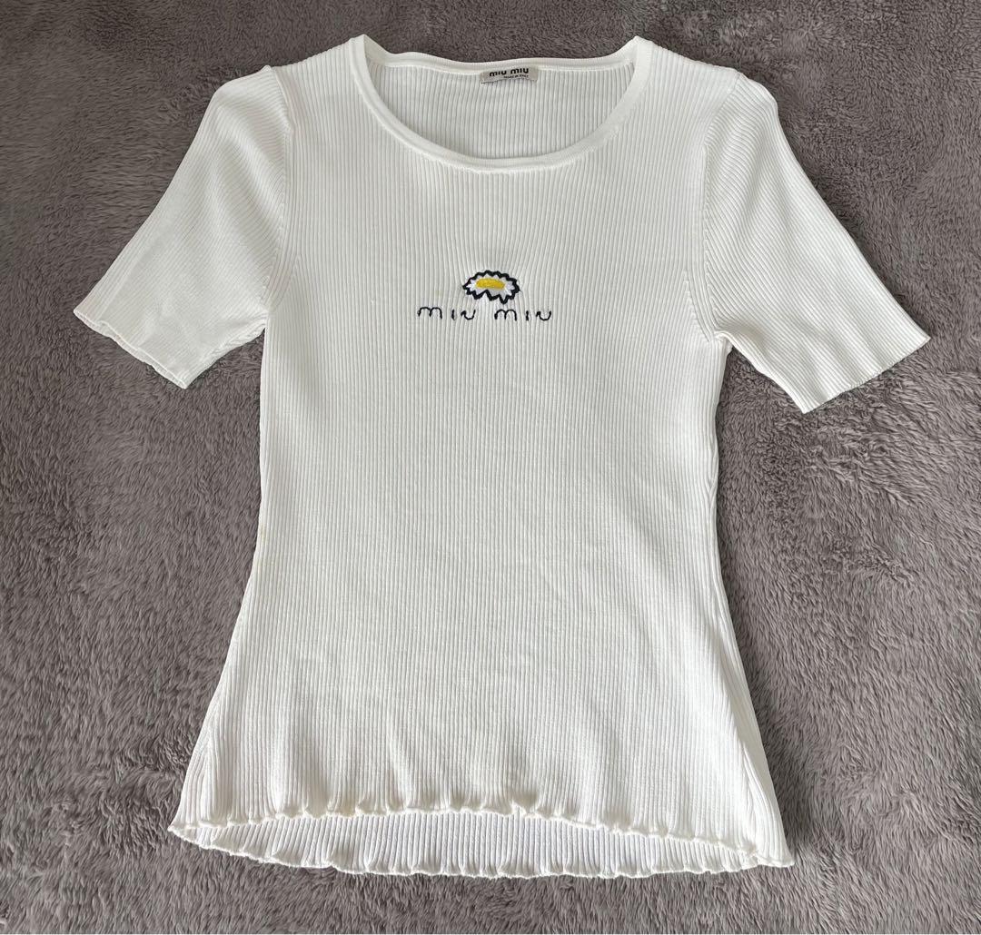 ミュウミュウ 刺繍リブニットTシャツ レディース