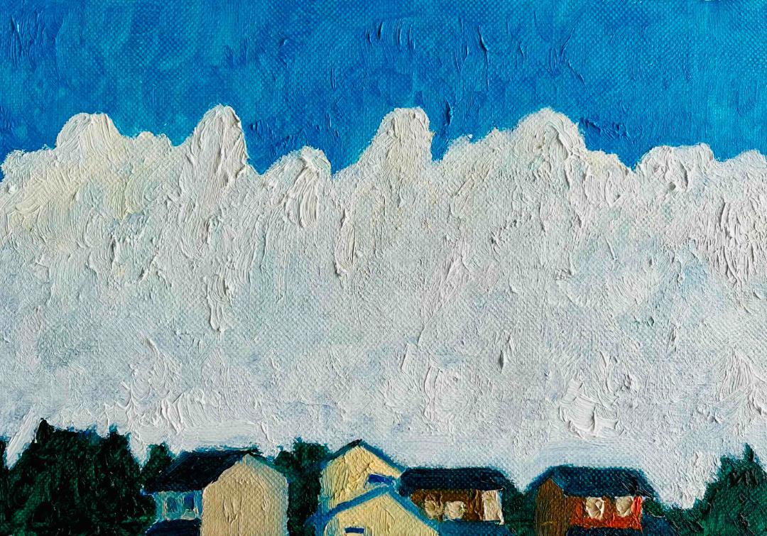 16×23㎝「民家と巨大雲の在る風景　20253-1」油彩・原画・サムホール