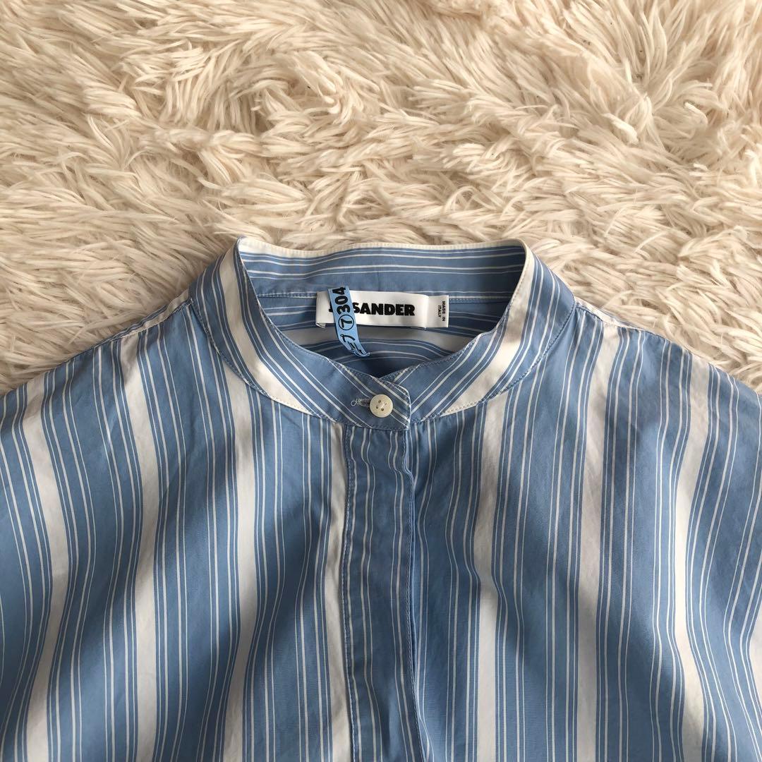 JIL SANDERバンドカラーストライプシャツ水色ジルサンダー38ロングシャツ JIL SANDERバンドカラーストライプシャツ水色ジルサンダー38ロングシャツ