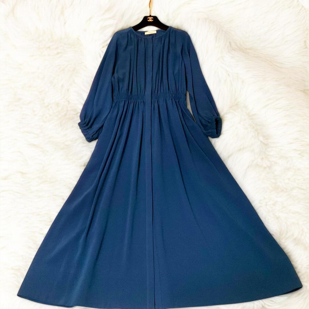 【ebure】 ギャザーロングワンピース　ブルー　長袖　38(M~L) 超美品✨