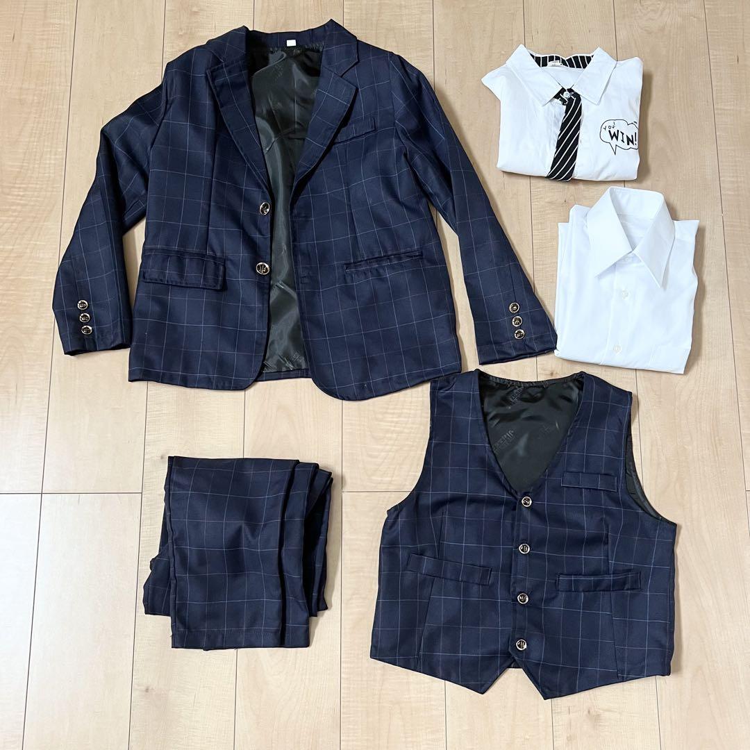 【美品】卒業式 フォーマルスーツ 細身 チェック ベスト 男の子 発表会 160
