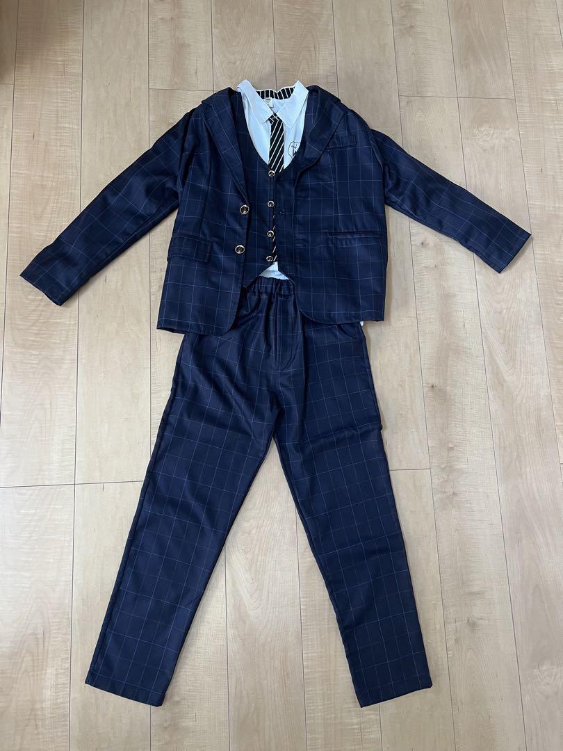 【美品】卒業式 フォーマルスーツ 細身 チェック ベスト 男の子 発表会 160
