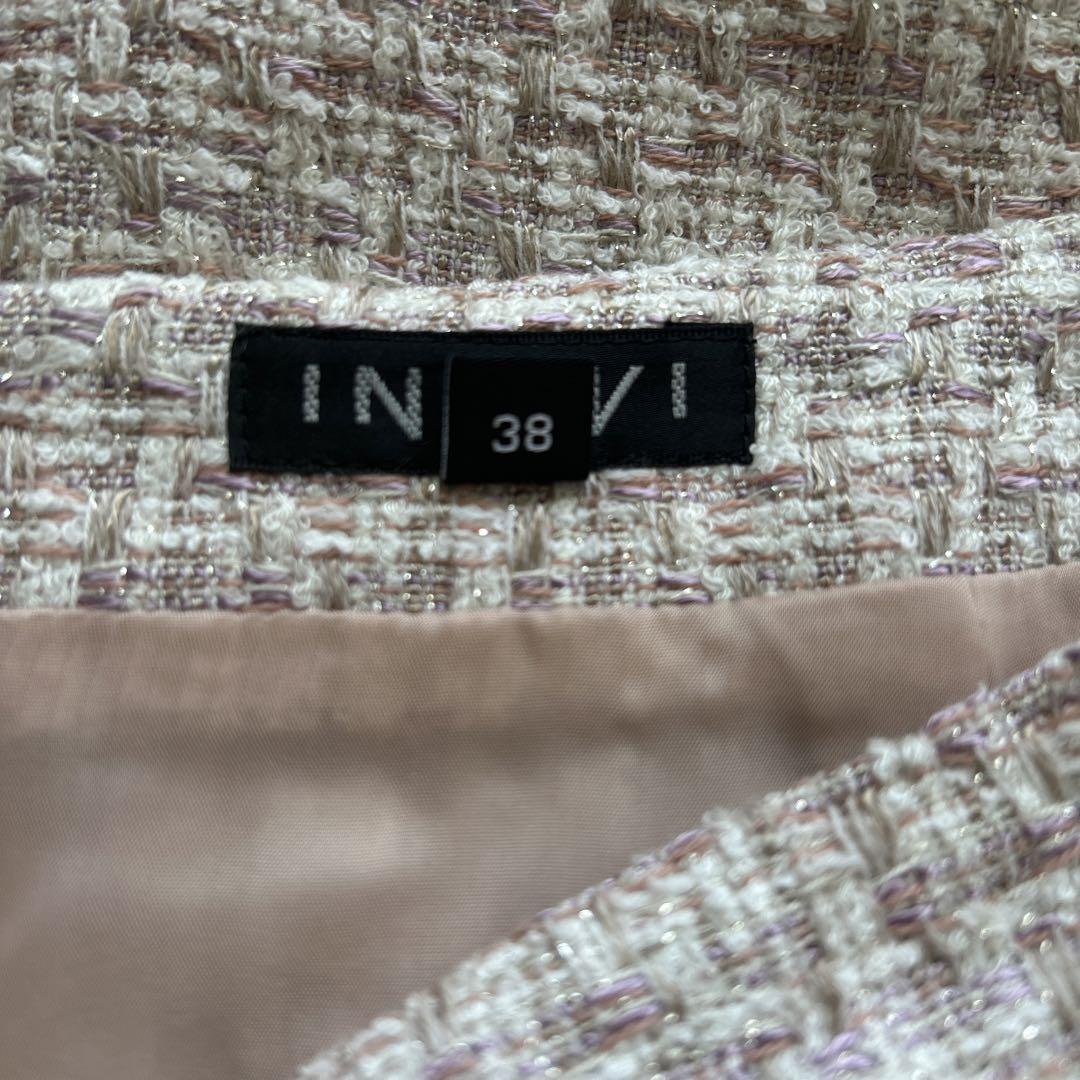 【美品】INDIVI スカートスーツ ツイード ノーカラージャケット 38