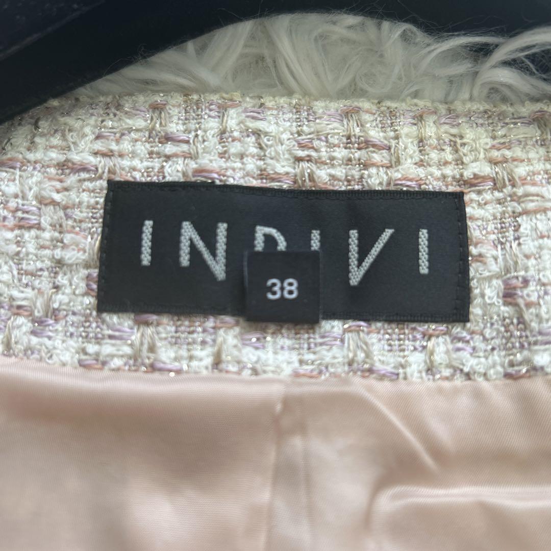 【美品】INDIVI スカートスーツ ツイード ノーカラージャケット 38