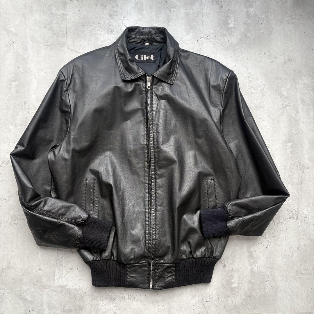 【Gilet】牛革 本革 リブ付きレザージャケット ブラック XLサイズ
