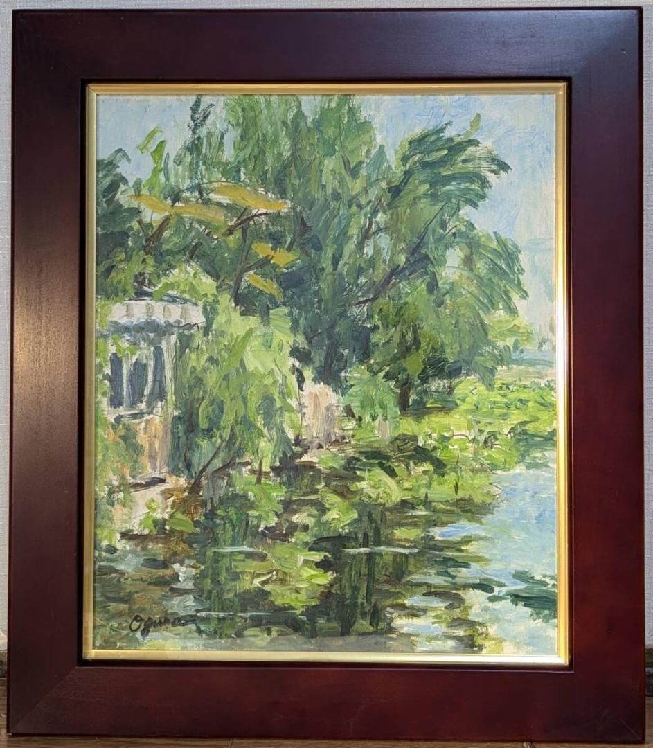 真作】絵画 油彩8号 水辺の緑影 静けさと潤いを描いた一枚