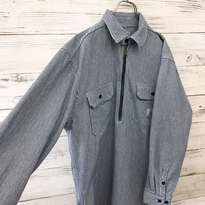 人気100%新品 希少 カーハート carhartt ハーフジップシャツ L ストライプ グレー WRyPq-m81374871680 日本製