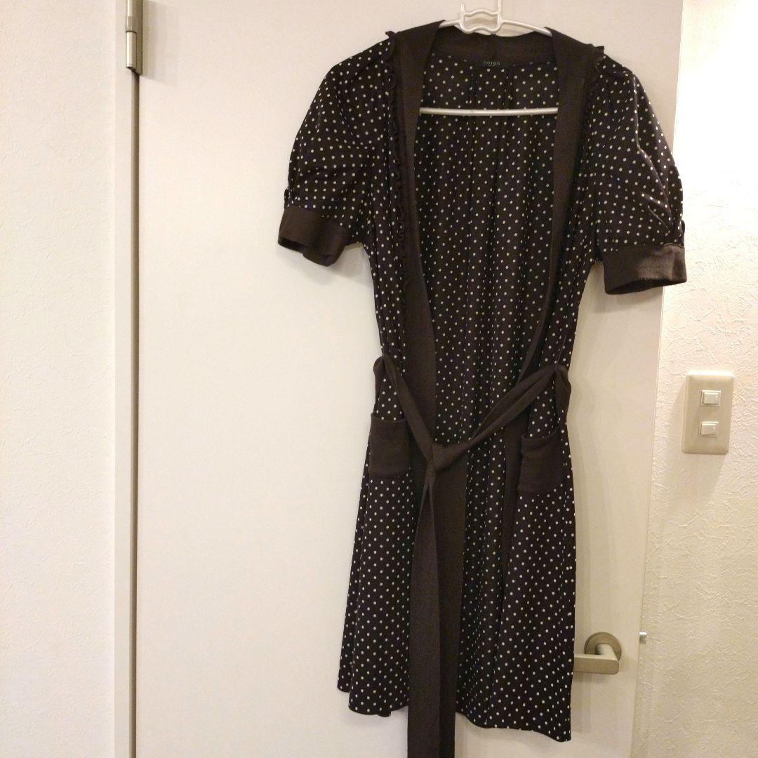 【美品】ダークブラウンドット柄バルーンスリーブロングカーディガン