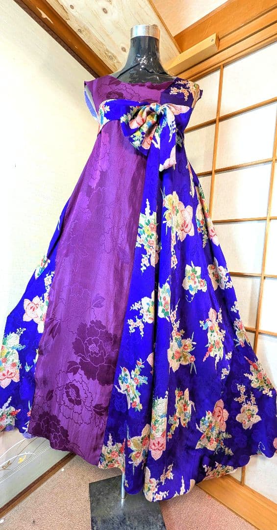 アンティーク着物リメイクワンピース正絹ウエストリボン付き着丈128センチ身幅60