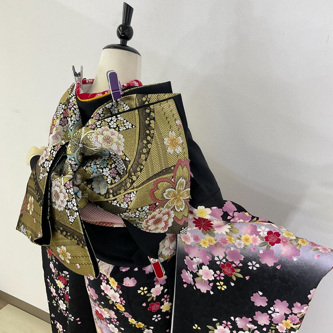 美品 正絹お振袖 7点フルセット S～Mサイズ 黒 ほんわか系 すくう