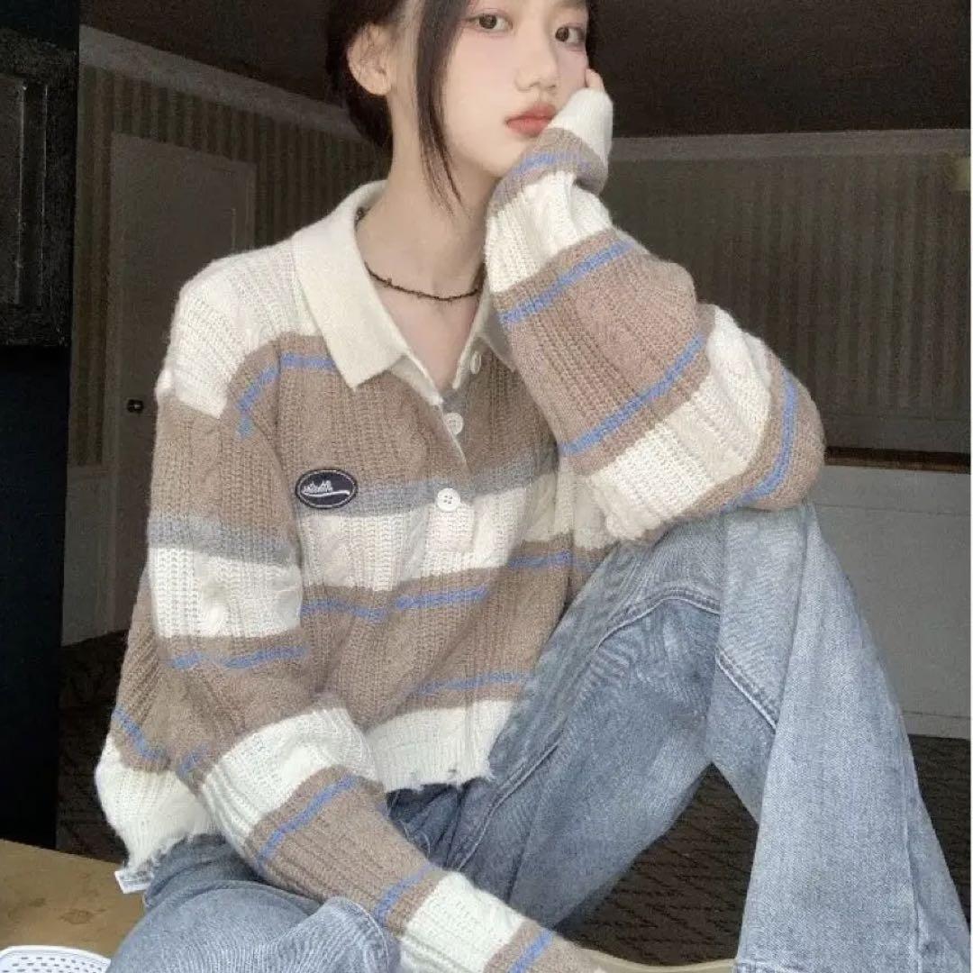 春服 ❤ セーター ニット かわいい ボーダー ベージュ 長袖 韓国 人気
