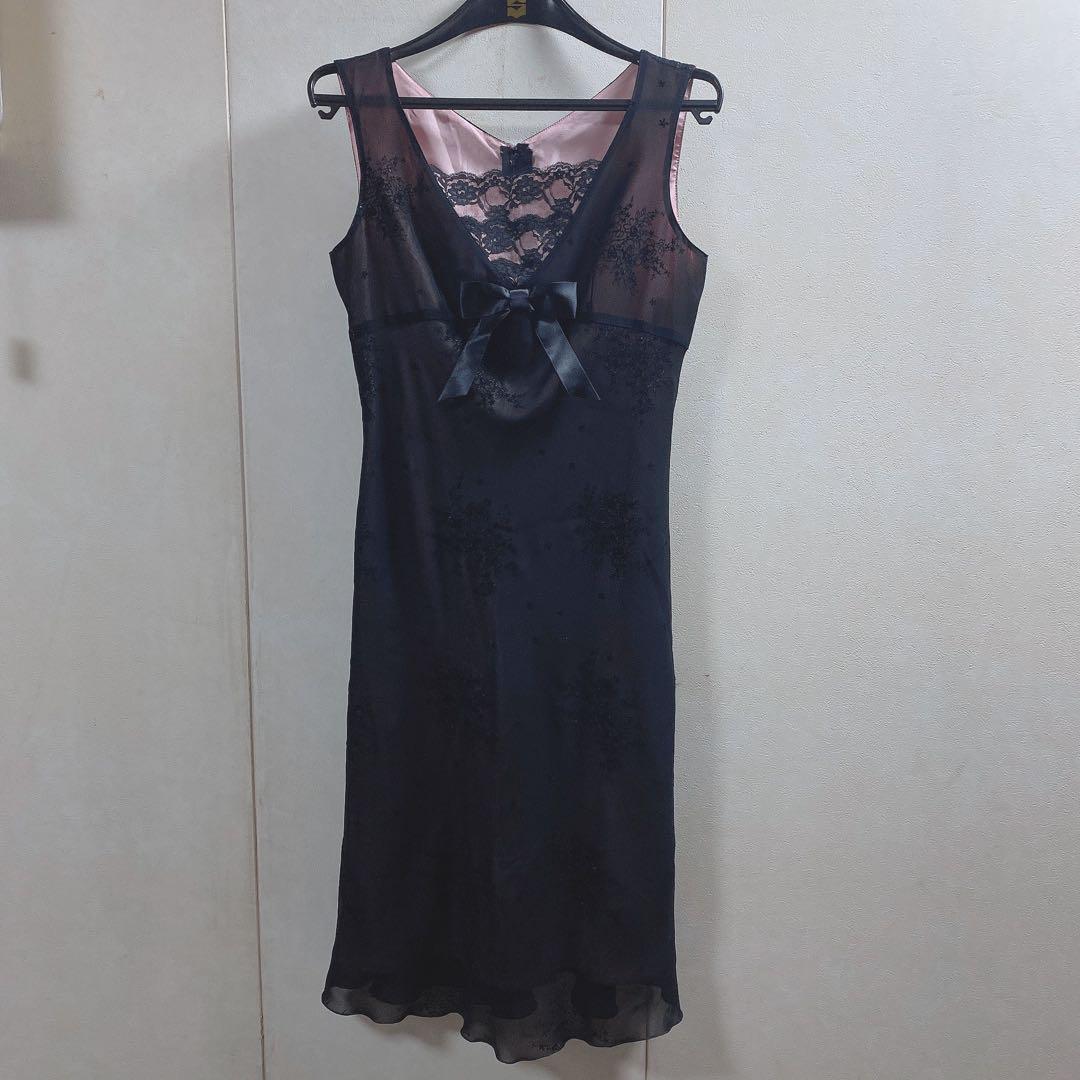 極美品ブラック×ピンクオーガンジードレスワンピース