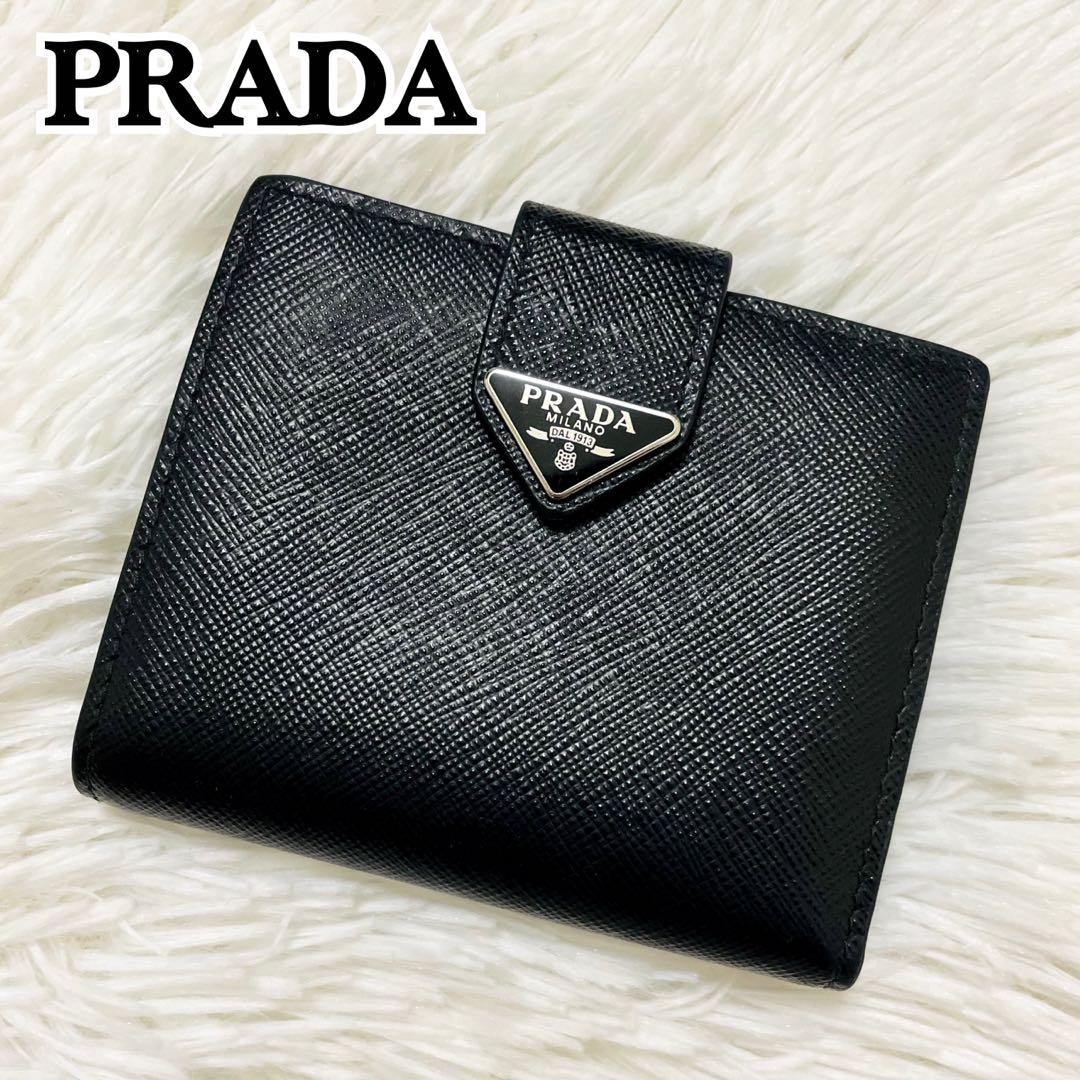 極美✨付属完備✨PRADA 二つ折り 財布 サフィアーノ レザー 三角ロゴ 黒 極美✨PRADA 二つ折り財布 サフィアーノ 三角ロゴ レザー 黒