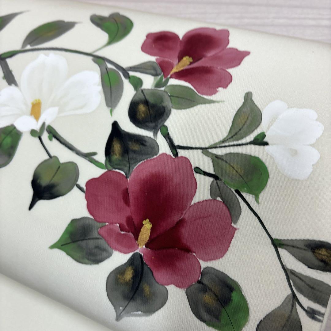 開き名古屋帯 正絹 塩瀬 手描き 華やか花 k-9985