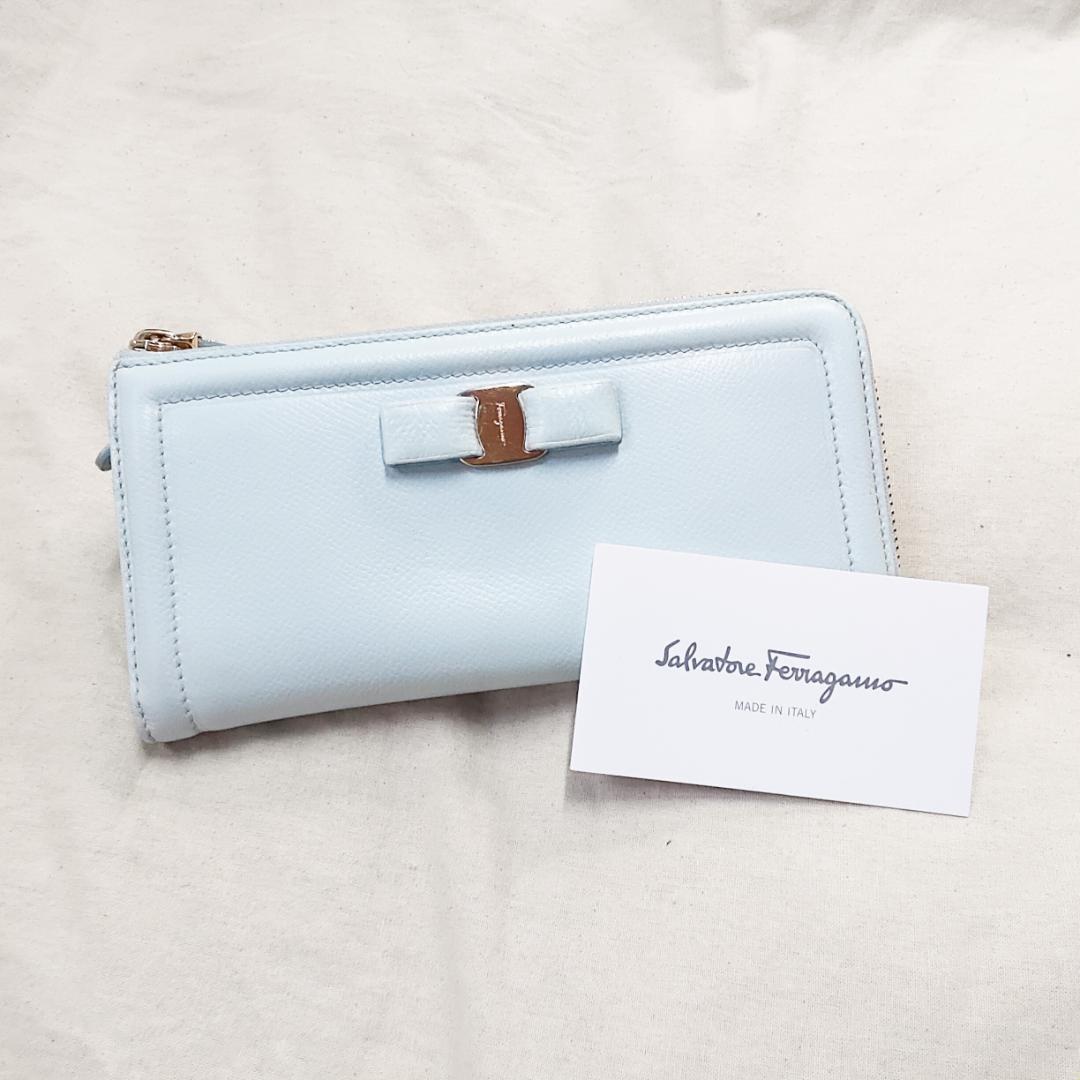 良品 フェラガモ L字ジップ 長財布 ヴァラ リボン Ferragamo