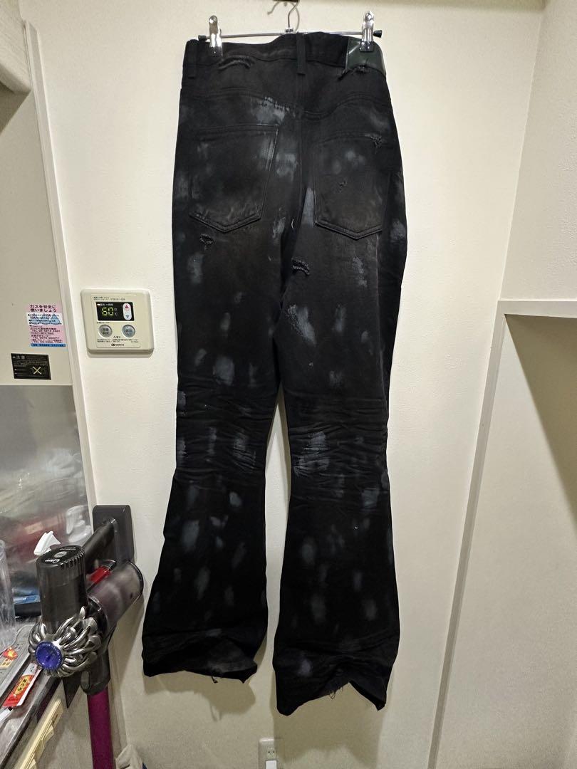 undermycar mud wide flareダメージ加工デニムパンツ