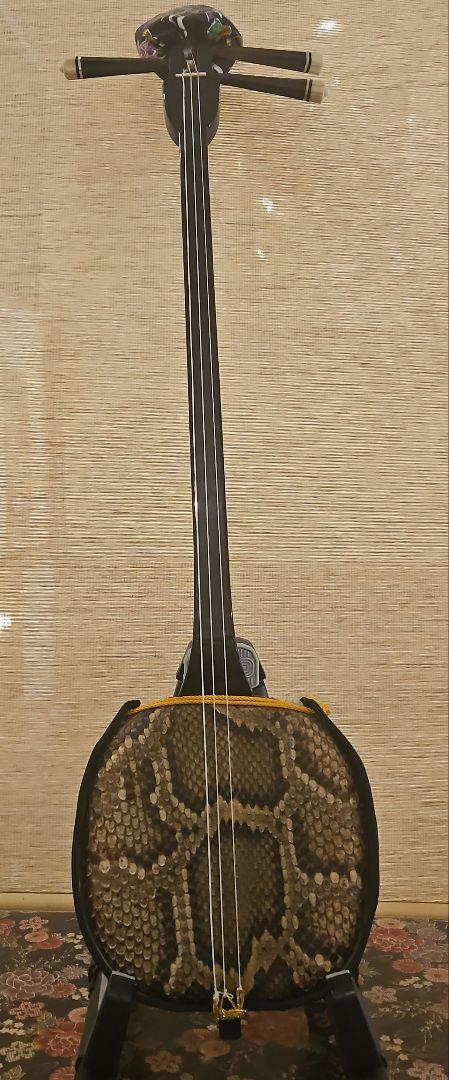 ヘビ皮 三線 本体 黒と金 ケース付き