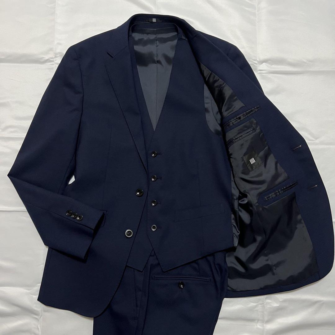 極美品✨スーツセレクト ビジネス スリーピース 紺 ネイビー ストレッチ S