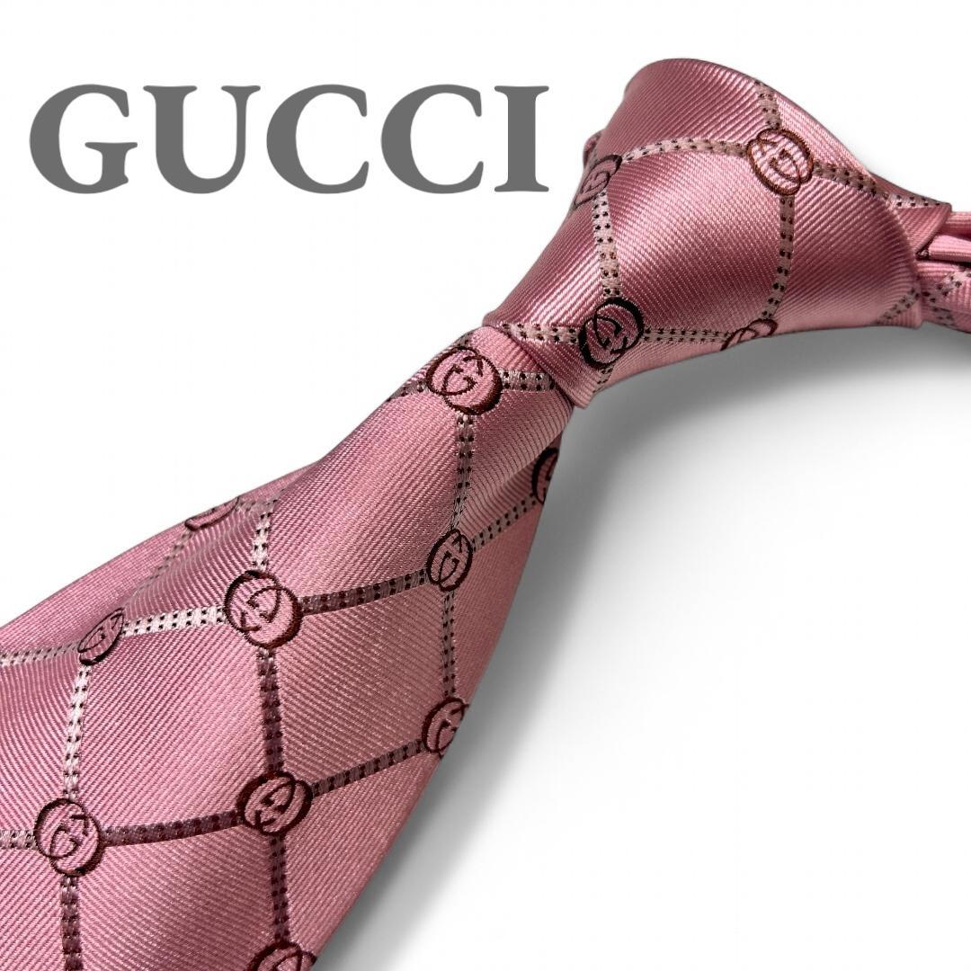 GUCCI ピンク シルク ネクタイ GGロゴ 良品 GUCCI GG総柄ピンクシルクネクタイ 高級感×ビジネス ココ