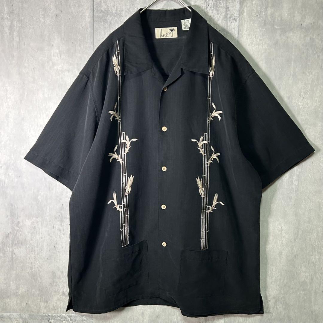 刺繍 レーヨン キューバシャツ 開襟 黒 XL 竹