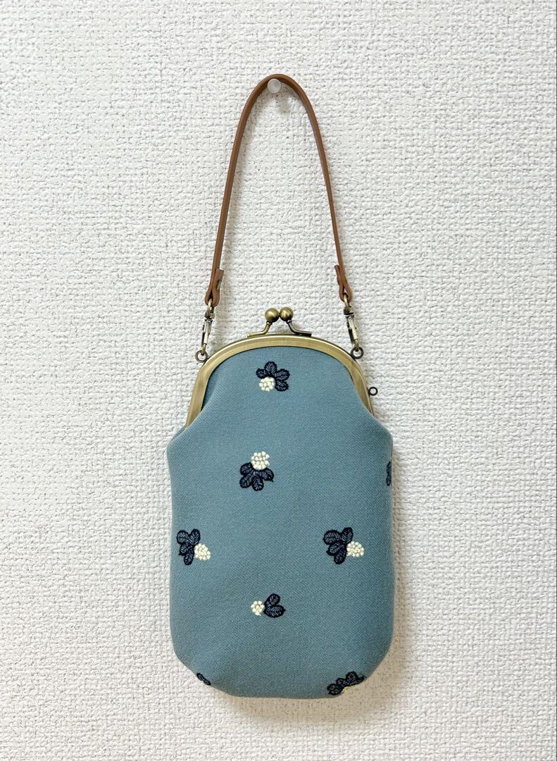 【70％OFF】 ハンドメイド がま口ポーチ ブルー ライトベリー スマホケース ハンドバッグ