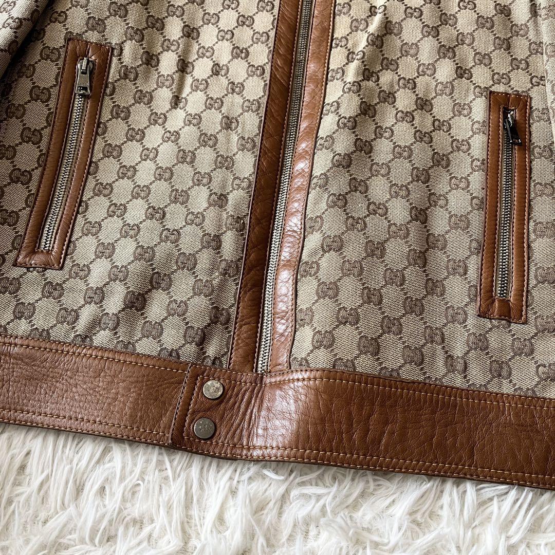 ヴィンテージ GUCCI キャンバス GG カーフレザー バイカーズ ジャケット