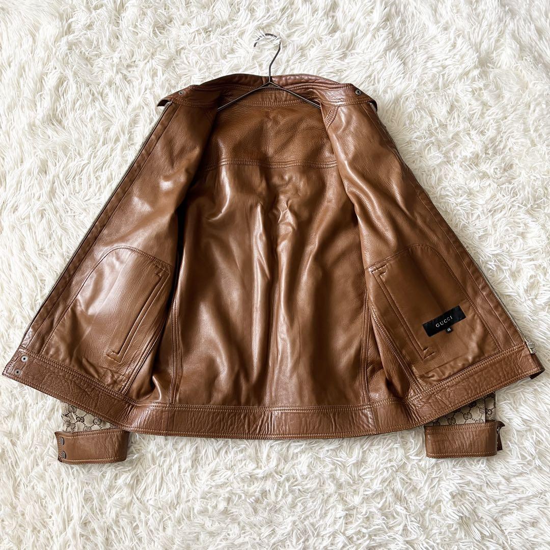 ヴィンテージ GUCCI キャンバス GG カーフレザー バイカーズ ジャケット