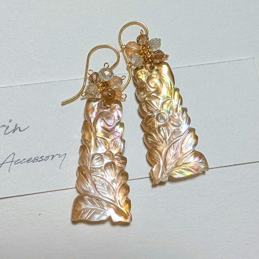 IX◆透かし彫りブラウンマザーオブパール×ターコイズピアス✧14kgf IX様専用透かし彫りブラウンマザーオブパール×ターコイズピアス