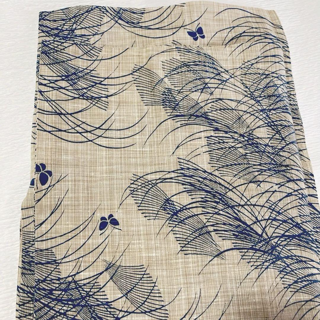 【麗しのふだんキモノ＊】奥州小紋風の浴衣　ベージュ×青　スモールサイズ　綿 美品✨ 洗える浴衣 奥州小紋風 ベージュ×青 ふだん着物 綿
