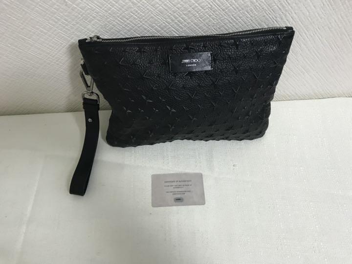 新品同様本物ジミーチュウ本革レザースター星スタッズビジネスクラッチバッグバック黒