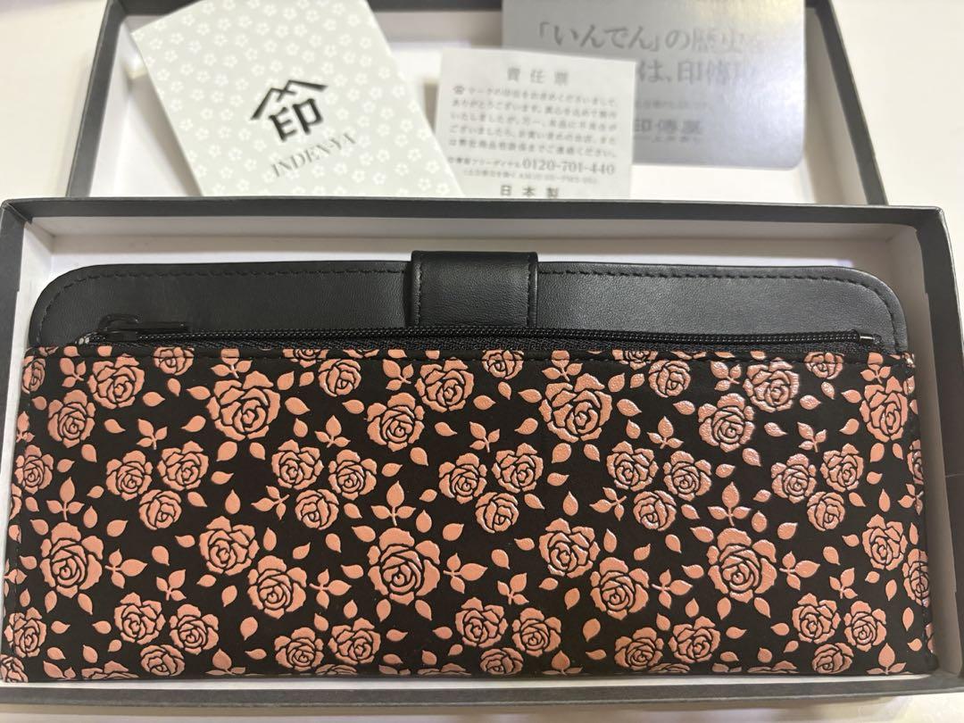 印傳屋　印伝 長財布 束入L 黒地×ピンク漆 薔薇柄