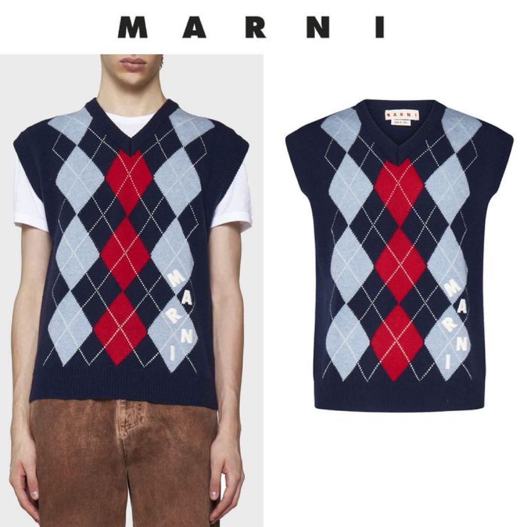 Blue【MARNI】FW22ウール Vネック ロゴ アーガイル ベスト Blue