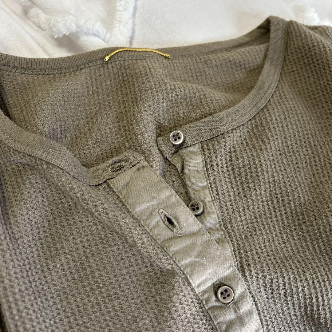 ドゥーズィエムクラス ワッフル Tシャツ ヘンリーネック カーキ