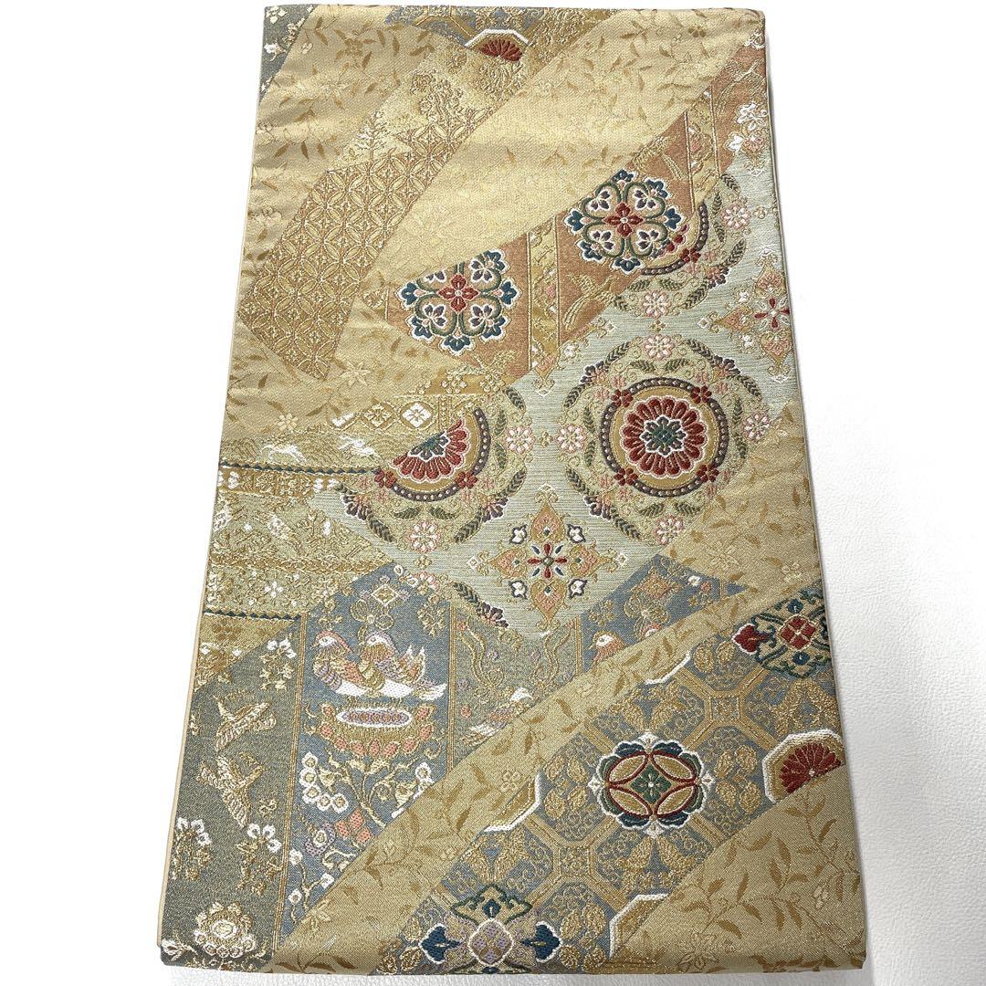 帯522 ●高級 正絹 六通 袋帯 花文 華文 オシドリ