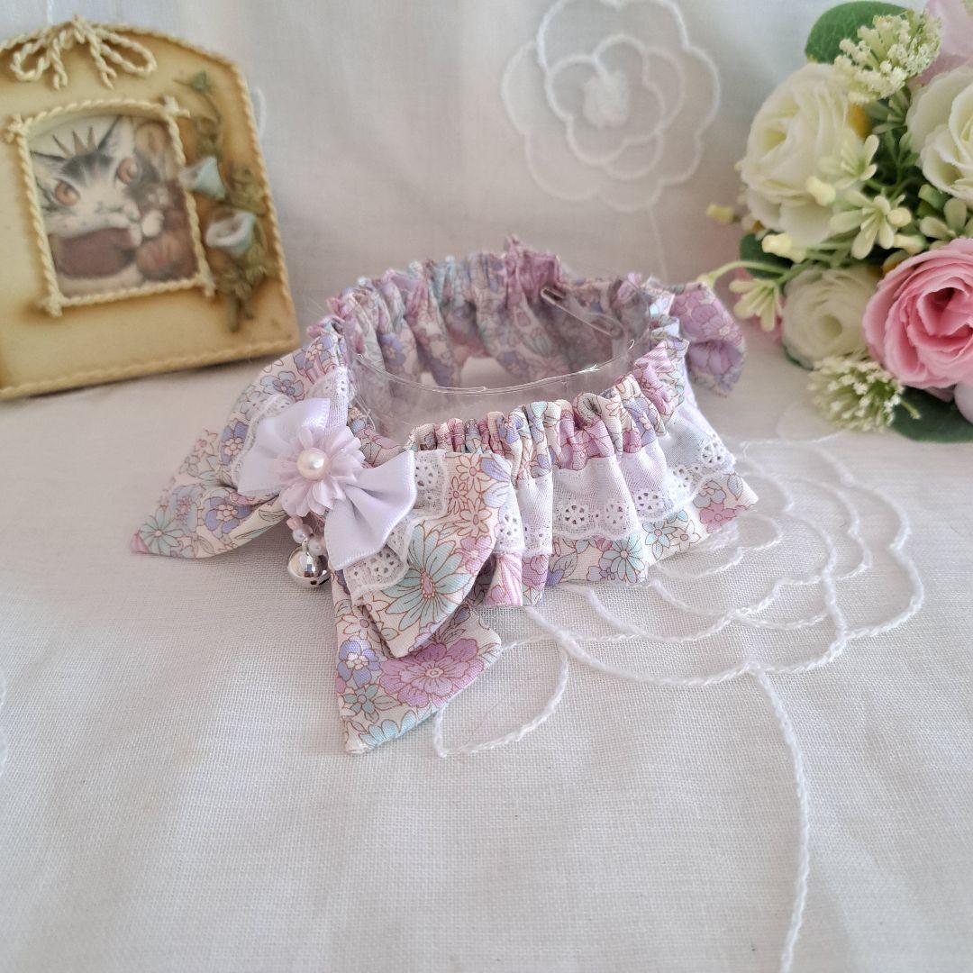 ピンクフラワー(②)わんちゃん猫ちゃん用襟付き首輪 調節出来るリボン