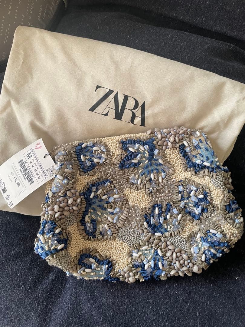ZARA ビーズクラッチバッグ 青/ベージュ