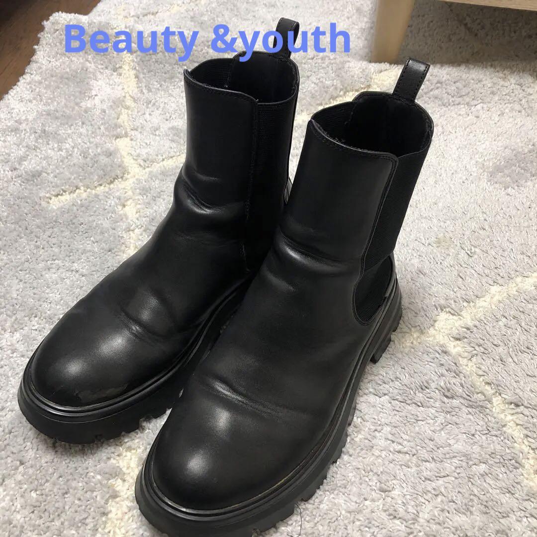 beauty&youthブラックレザー サイドゴアブーツ