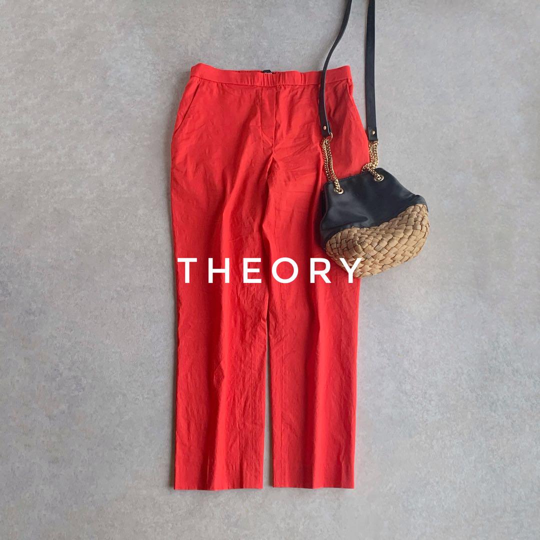 ✨美品✨Theory 赤 TREECA クロップドパンツ XXO theory リネン混 クロップドパンツ エコクランチ サイズ2 レッド