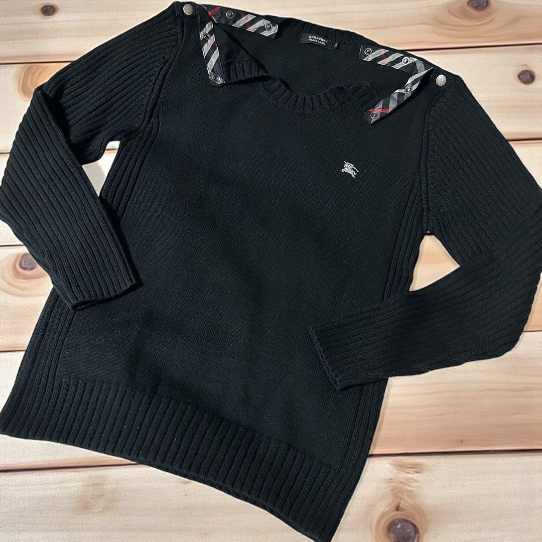 美品バーバリーブラックレーベル 肩ボタン ノバチェック ニット Ｌブラック