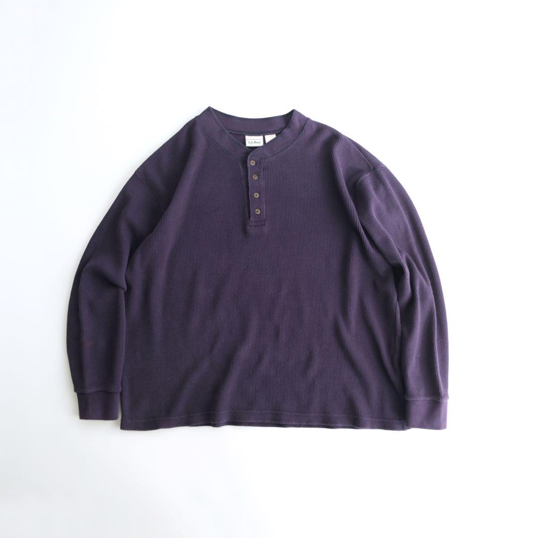 エルエルビーン USA製80sヘンリーネックサーマル長袖Tシャツ 茄子紺XL古着